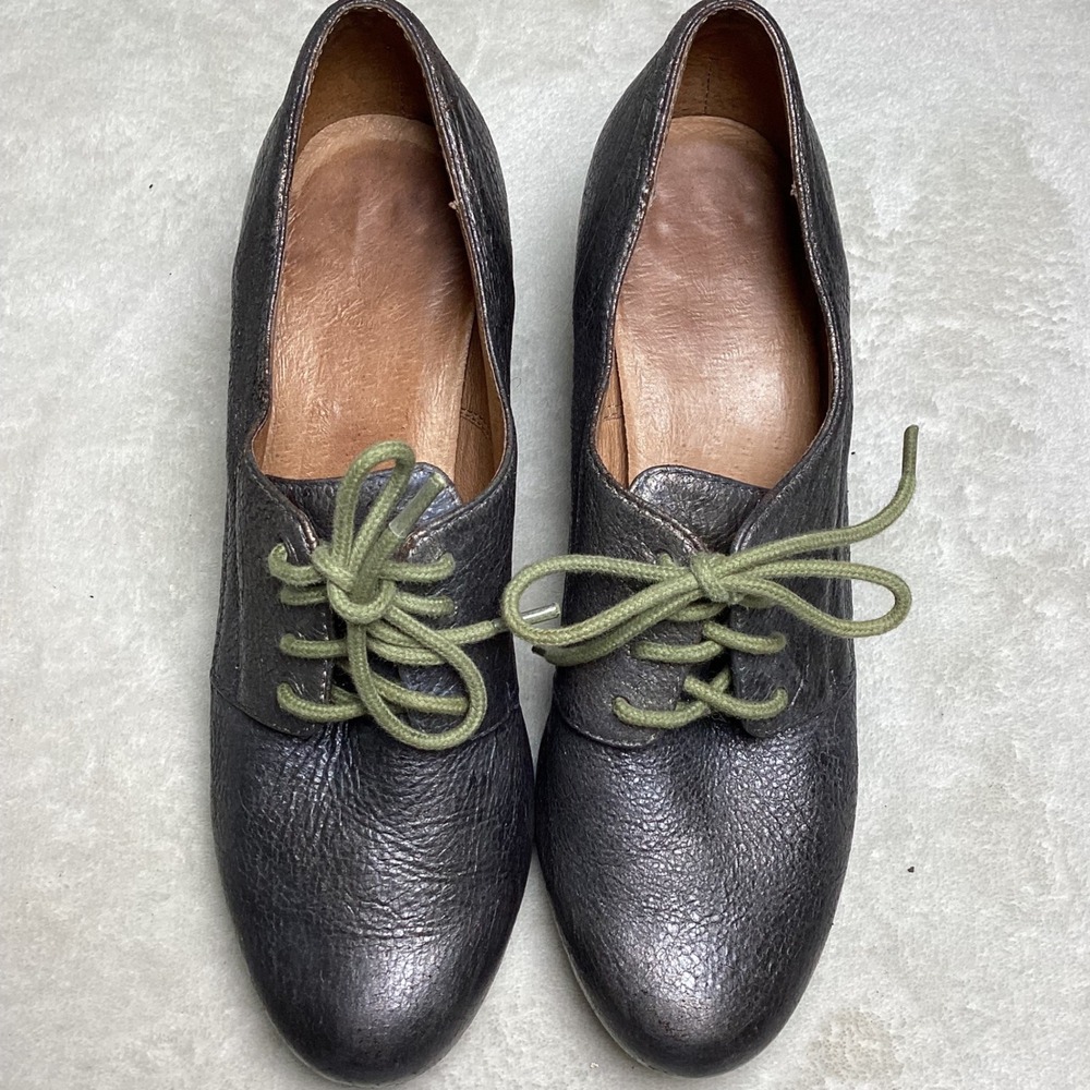 Frye Lisa Oxford Metallic Pewter Leather Lace Up Heeled Shoes 73046 Women's 6.5M